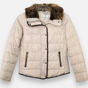 Old Navy Women's Puffer Jacket Faux Fur Collar Cream Brown Trim Size Medium